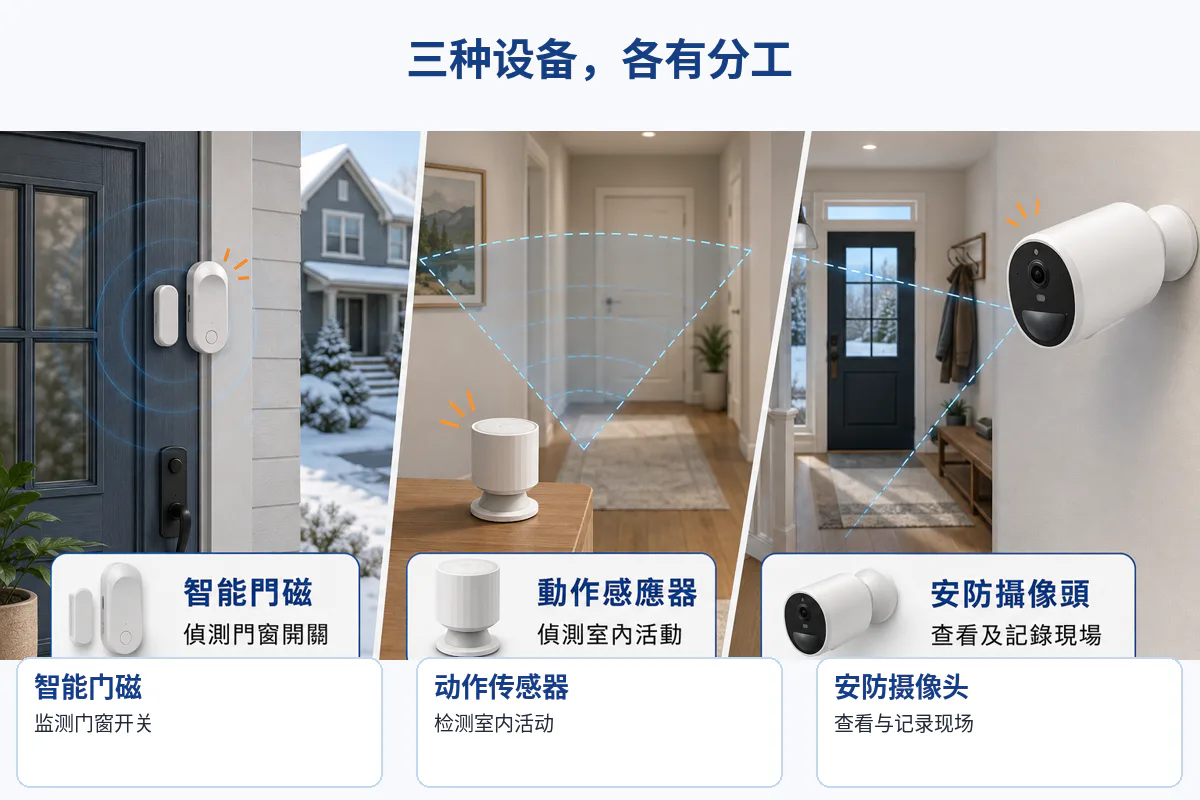 三栏示意智能门磁监测门窗、动作感应器检测室内活动、安防摄像头查看与记录现场。