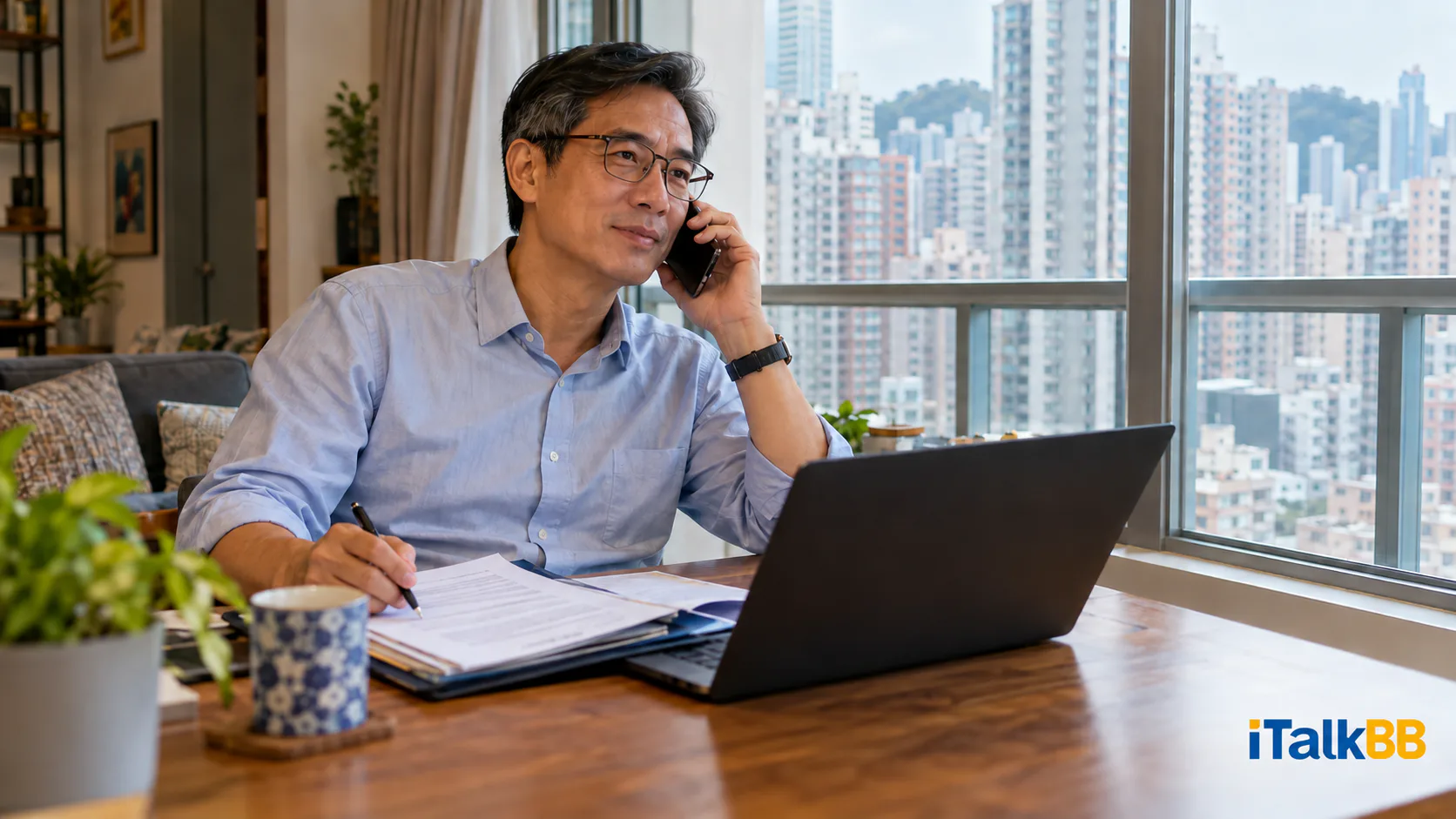 何先生在香港家中通電話,身旁放着交收文件。