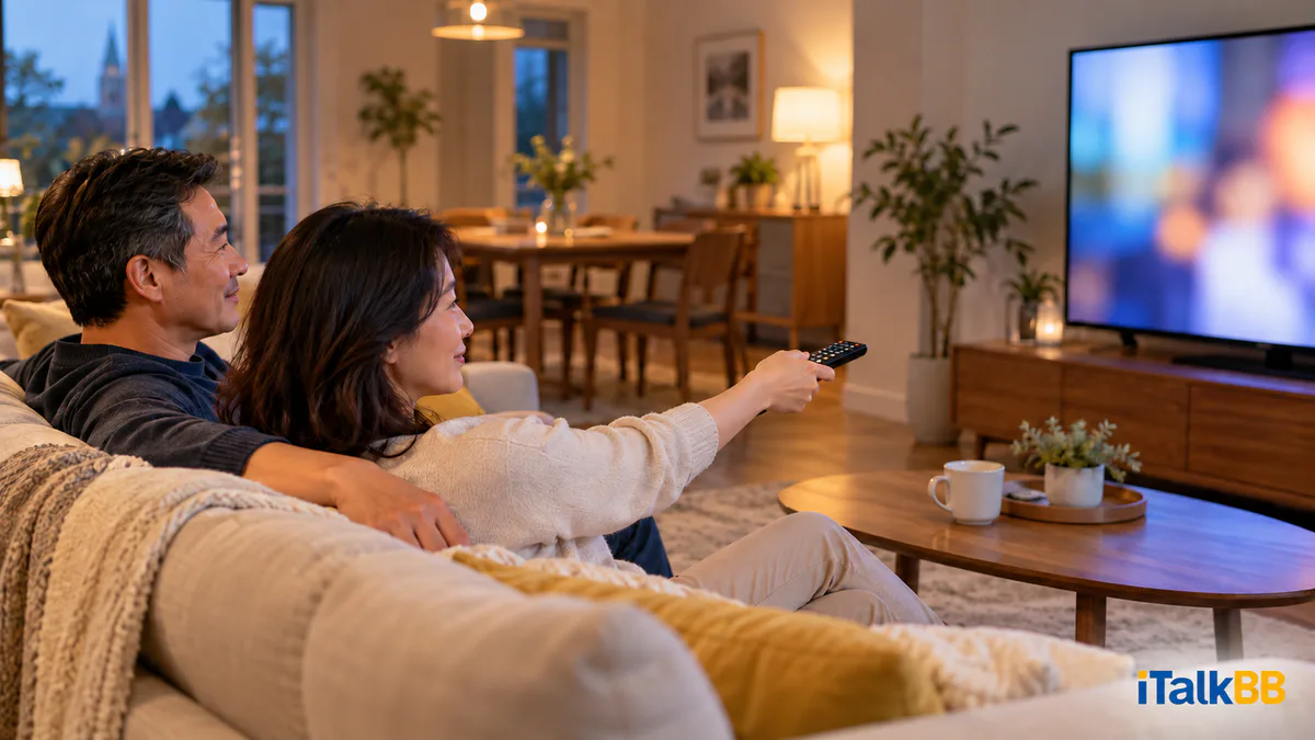 吴女士和丈夫在客厅用遥控器选择电视节目。