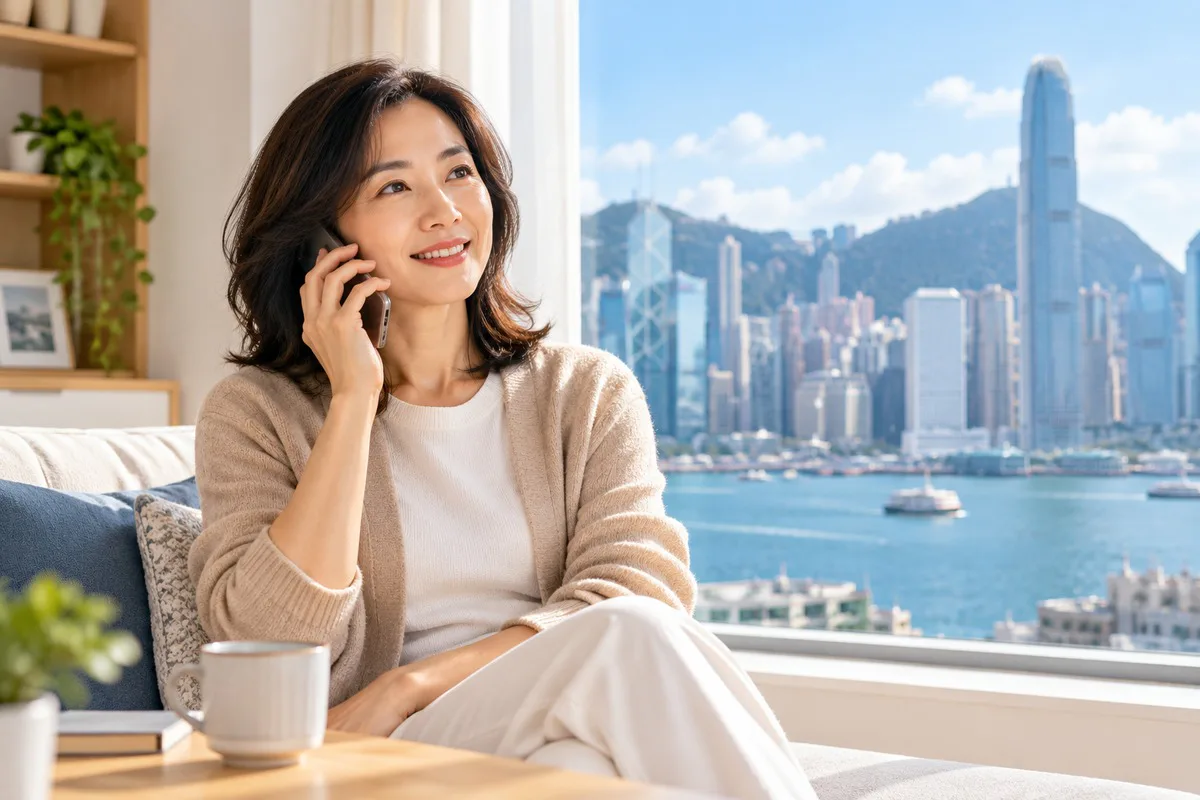 Woman speaks on a mobile phone beside a Hong Kong harbour window.