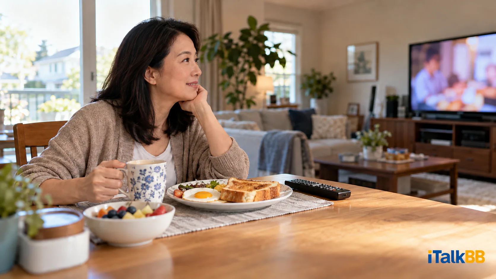 鄭女士早餐時觀看電視,桌上放着茶杯和遙控器。