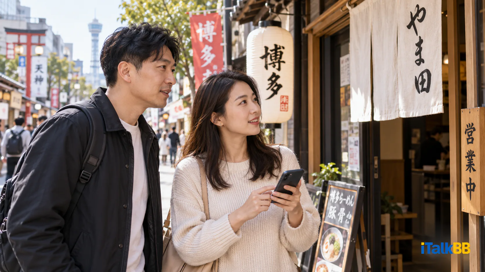 黃女士與丈夫在福岡查看店舖營業時間