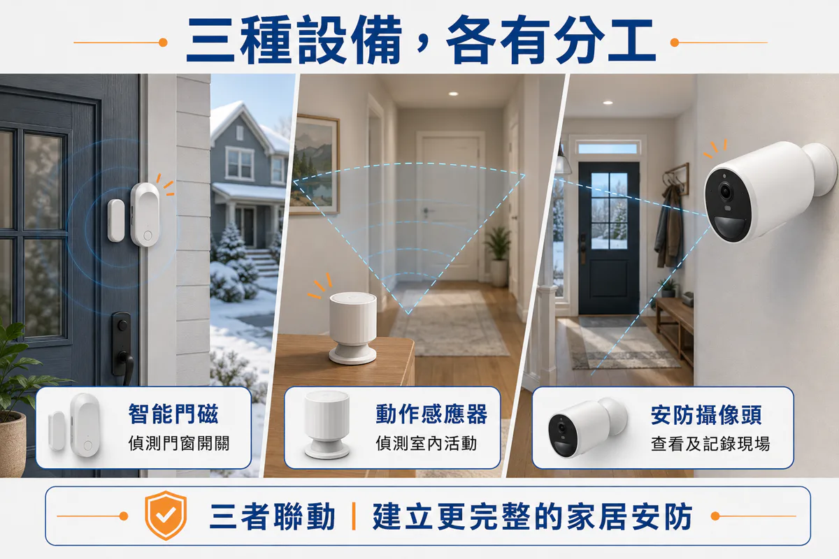 智能門磁、動作感應器及安防攝像頭分別用於門窗、室內活動和現場查看。
