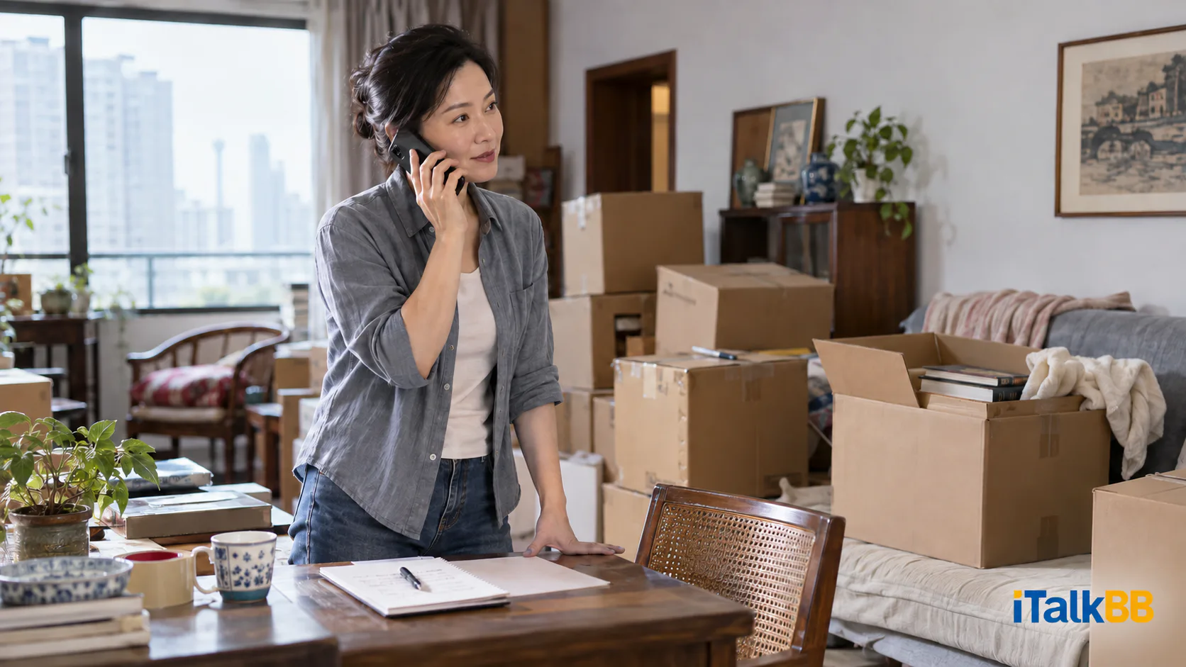 Elaine speaking on her phone beside moving boxes in an apartment.