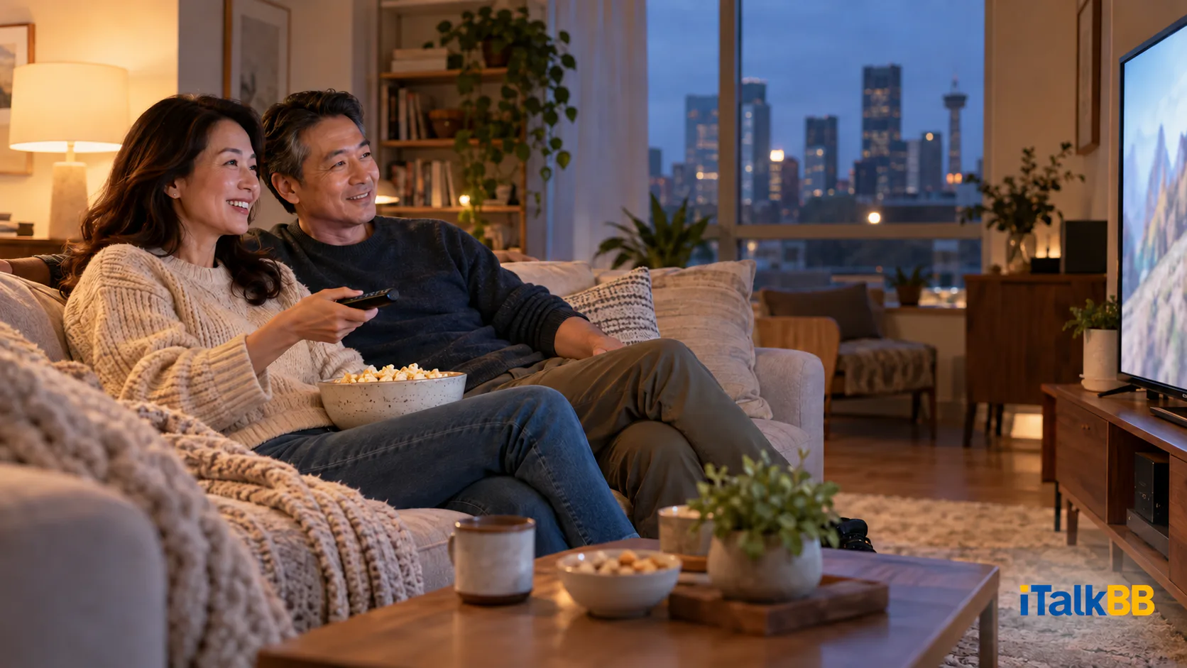 Michelle and her partner choosing a television program during an evening at home.