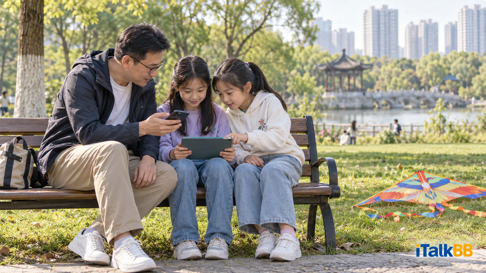 父親在公園用手機幫兩個孩子的平板連線。
