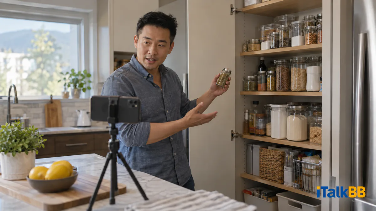 Male organizer recording a pantry demonstration with a smartphone on a tripod beside open kitchen shelves.