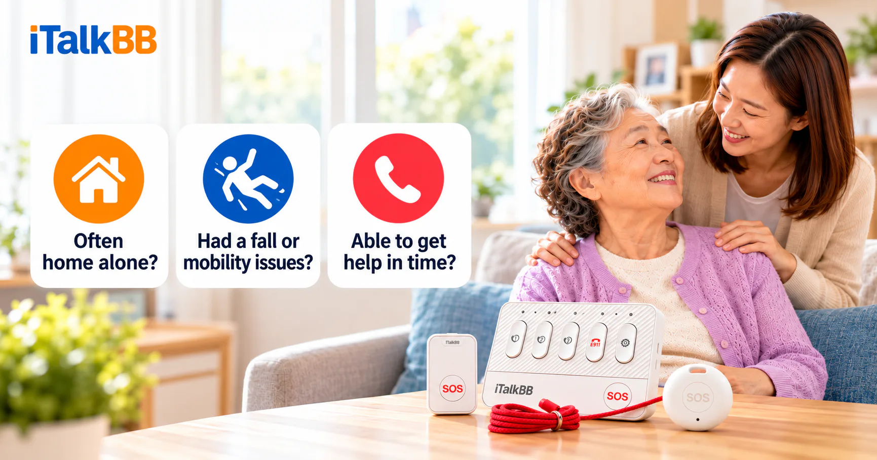 iTalkBB poster shows two women, emergency alert devices and prompts about being home alone, falls, mobility and timely help.