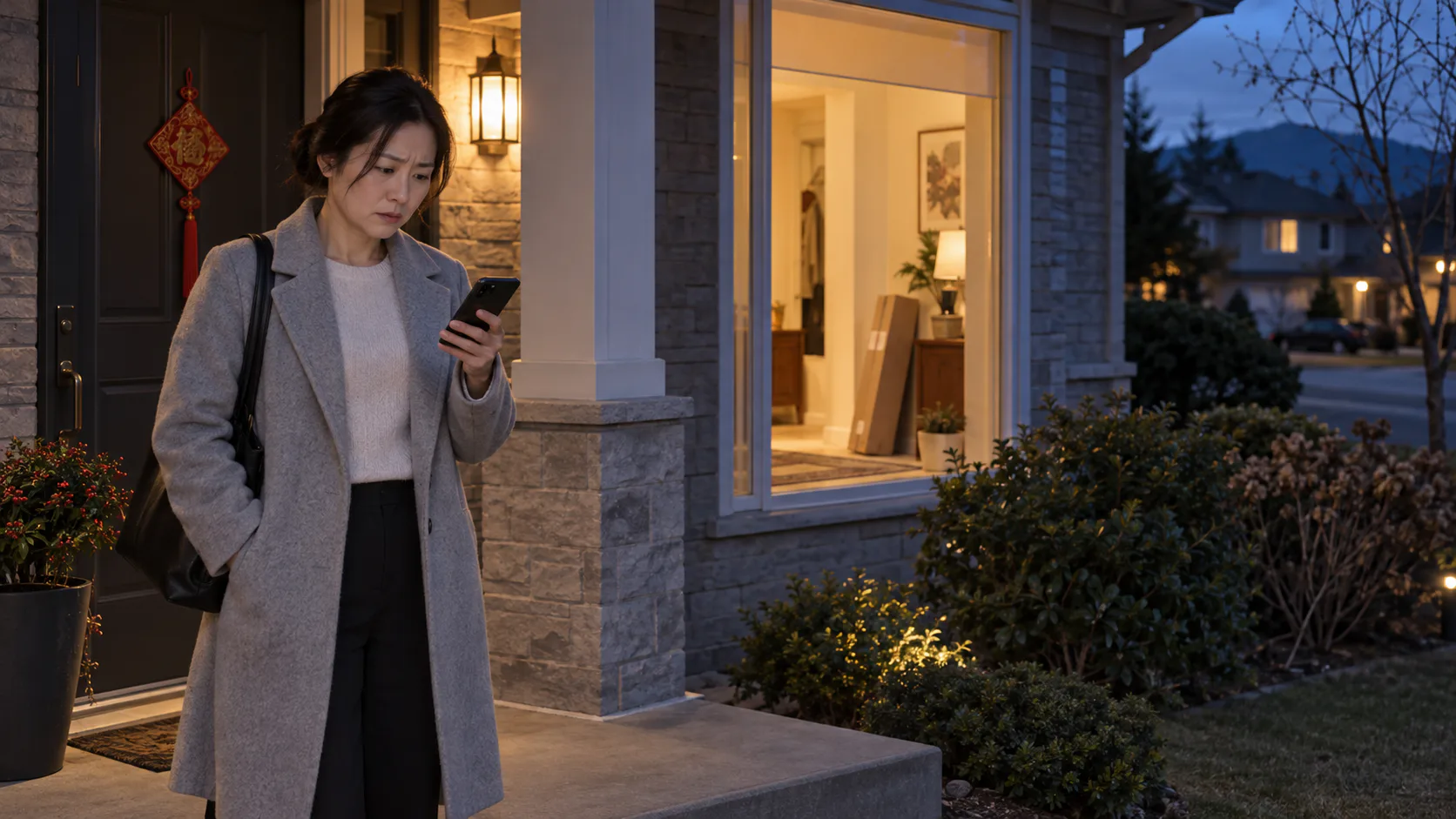 赵女士傍晚回家查看送达通知;长纸箱已被家人拿进屋。