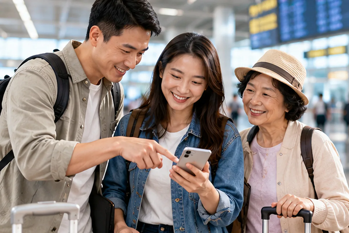 Three travellers with luggage look at a smartphone in an airport.