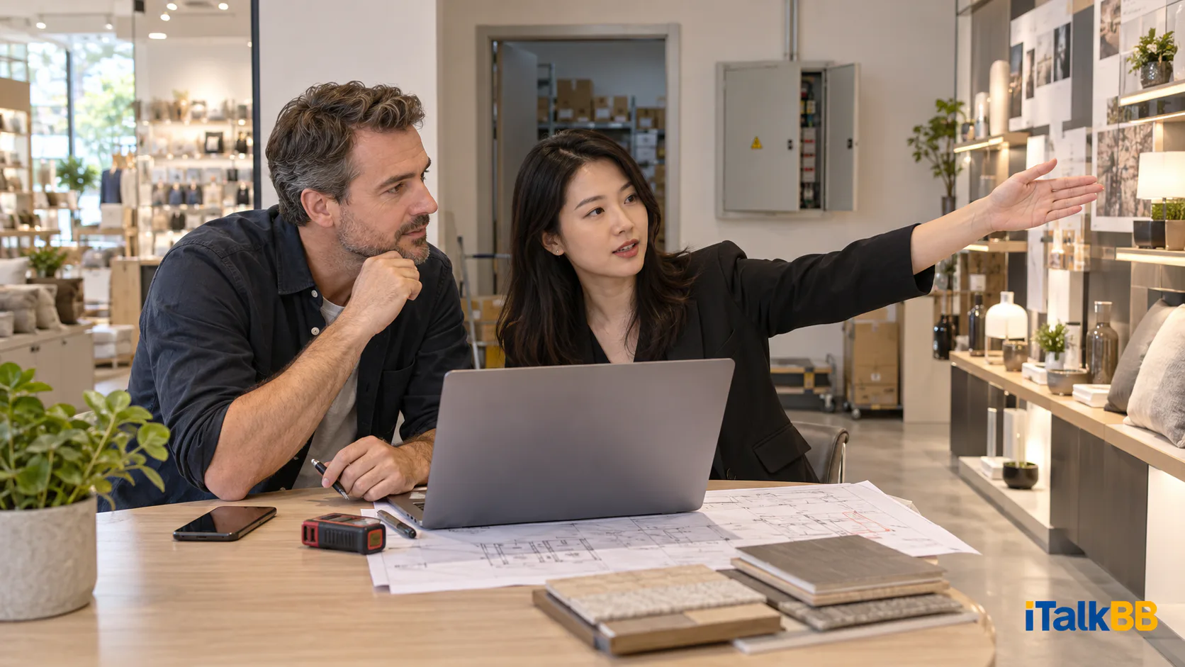 A designer and showroom manager review a laptop plan beside a proposed display area.