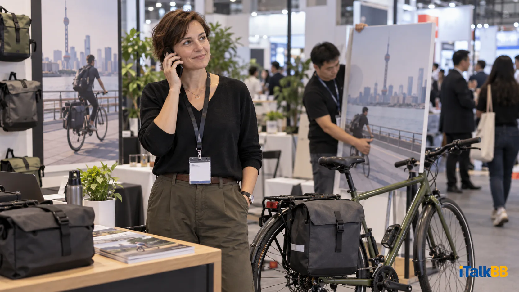 A cycling-bag exhibitor answers a call beside a display bicycle at a Shanghai trade show.