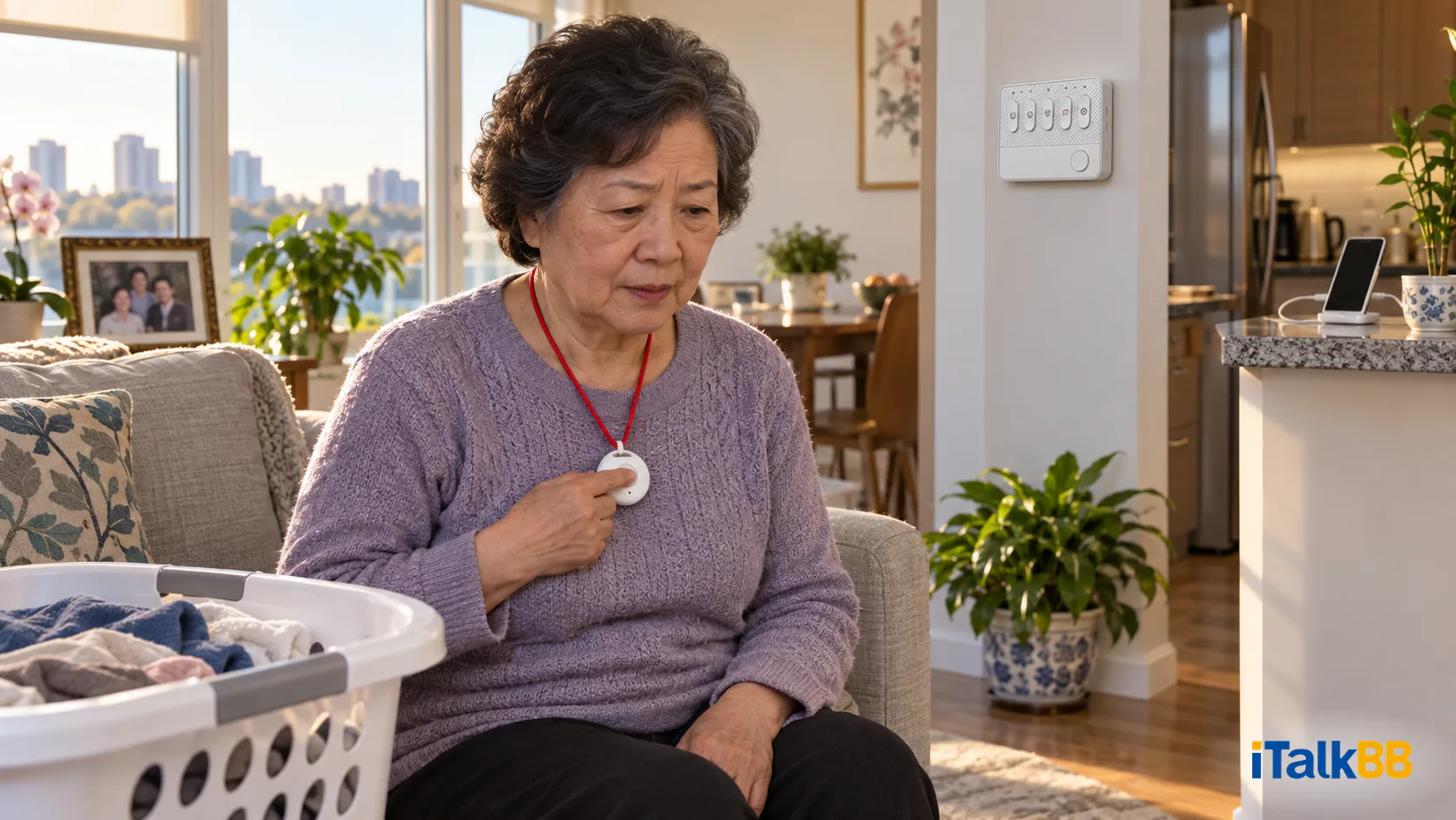 Older woman sitting by a laundry basket in her condo presses a neck-worn alert button while her phone charges in the kitchen.