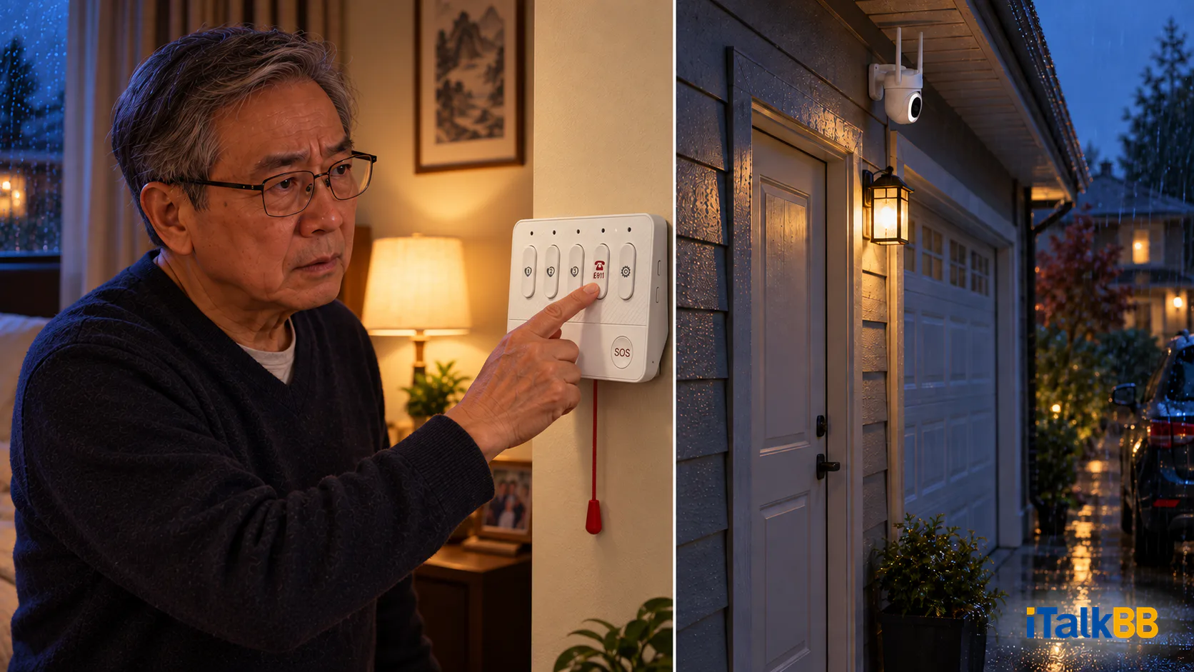長者在睡房按下平安通主機第四個 E911 鍵,旁邊畫面展示車房外的安防鏡頭。