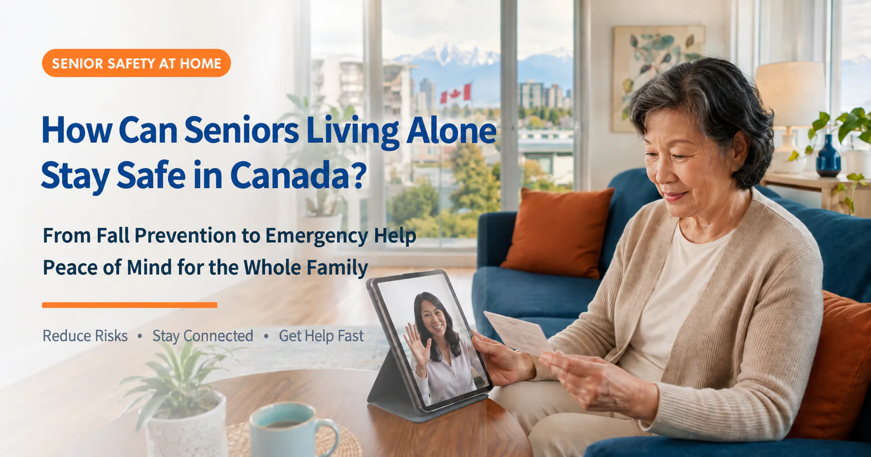 Senior safety poster about living alone in Canada, with a woman video calling from her home.