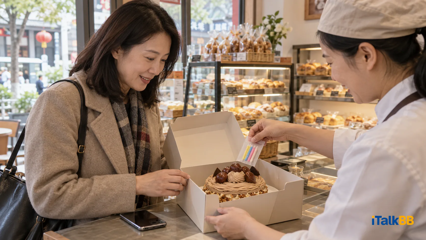 A woman collects a birthday cake at a neighbourhood bakery in China.