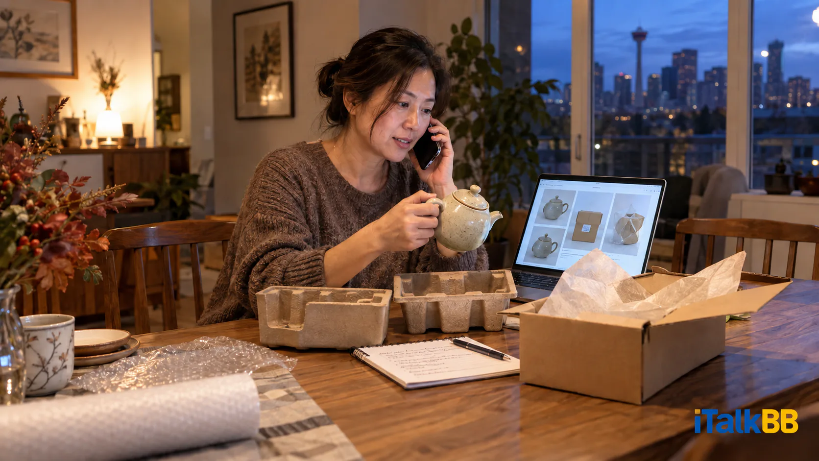 女店主在家中餐桌边通电话,核对茶壶样品、保护包装及电脑上的照片