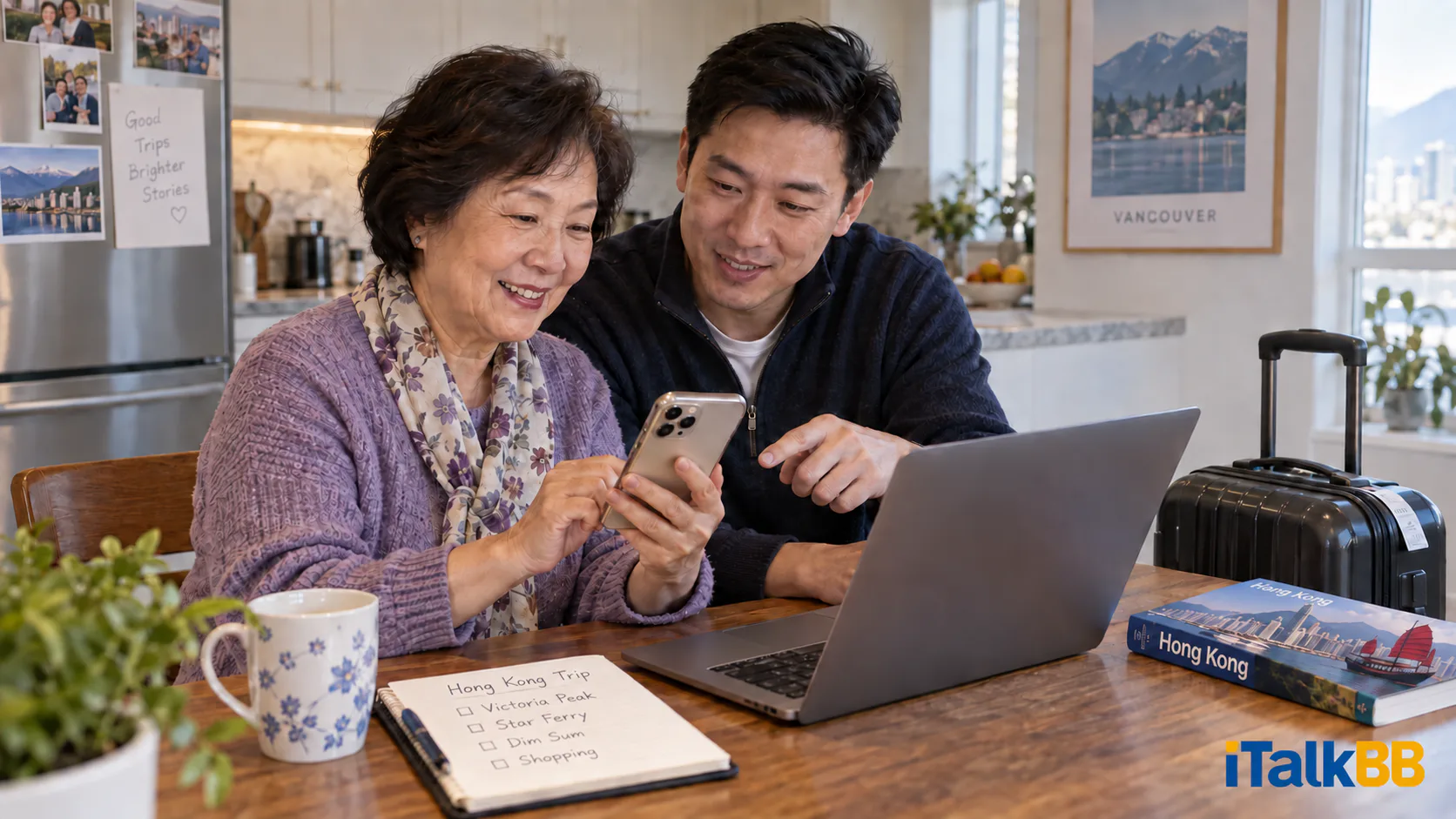 Helen and her adult son David prepare her phone at home in Vancouver
