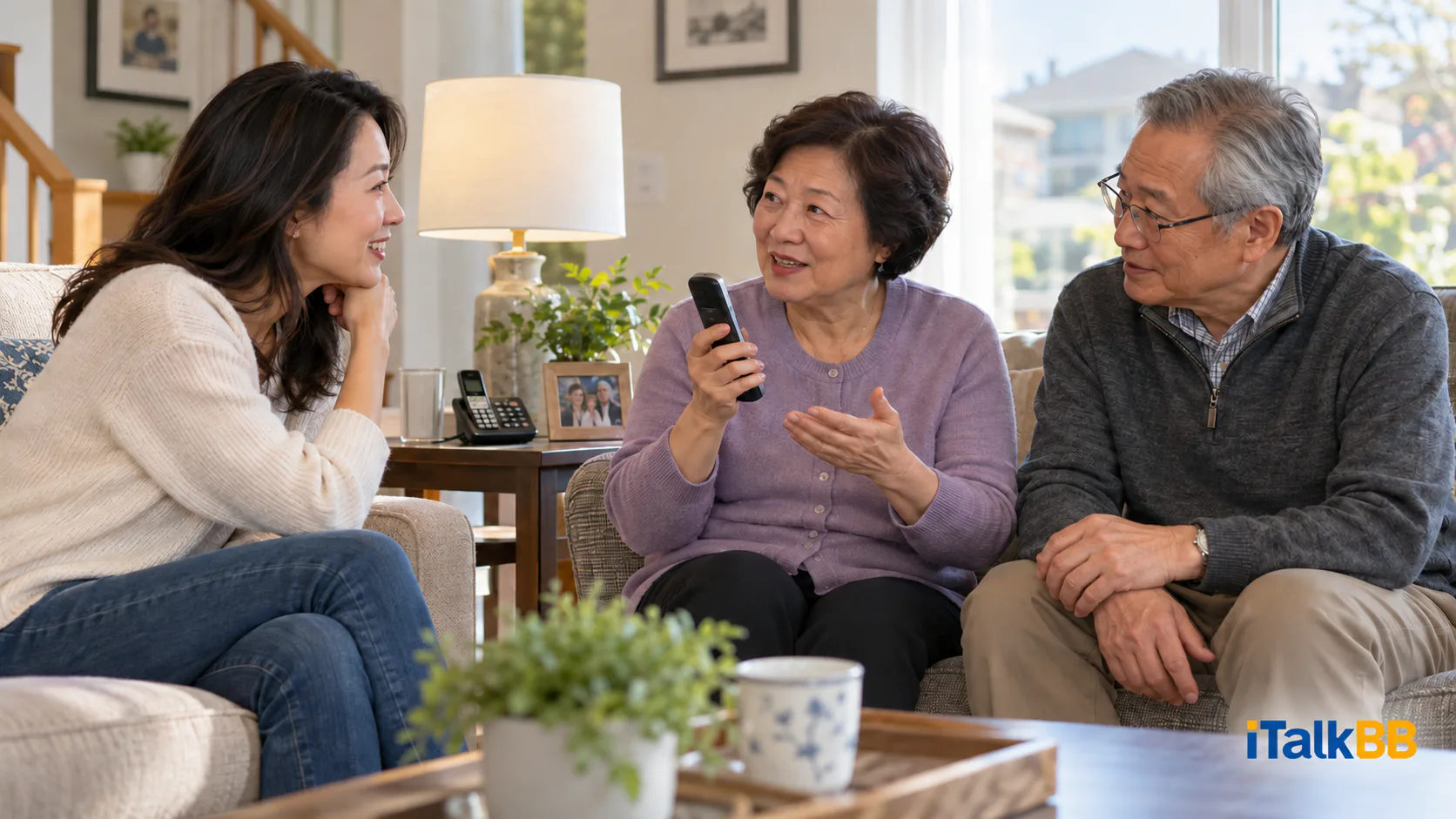 Karen talking with her parents in their living room while June holds a telephone handset.