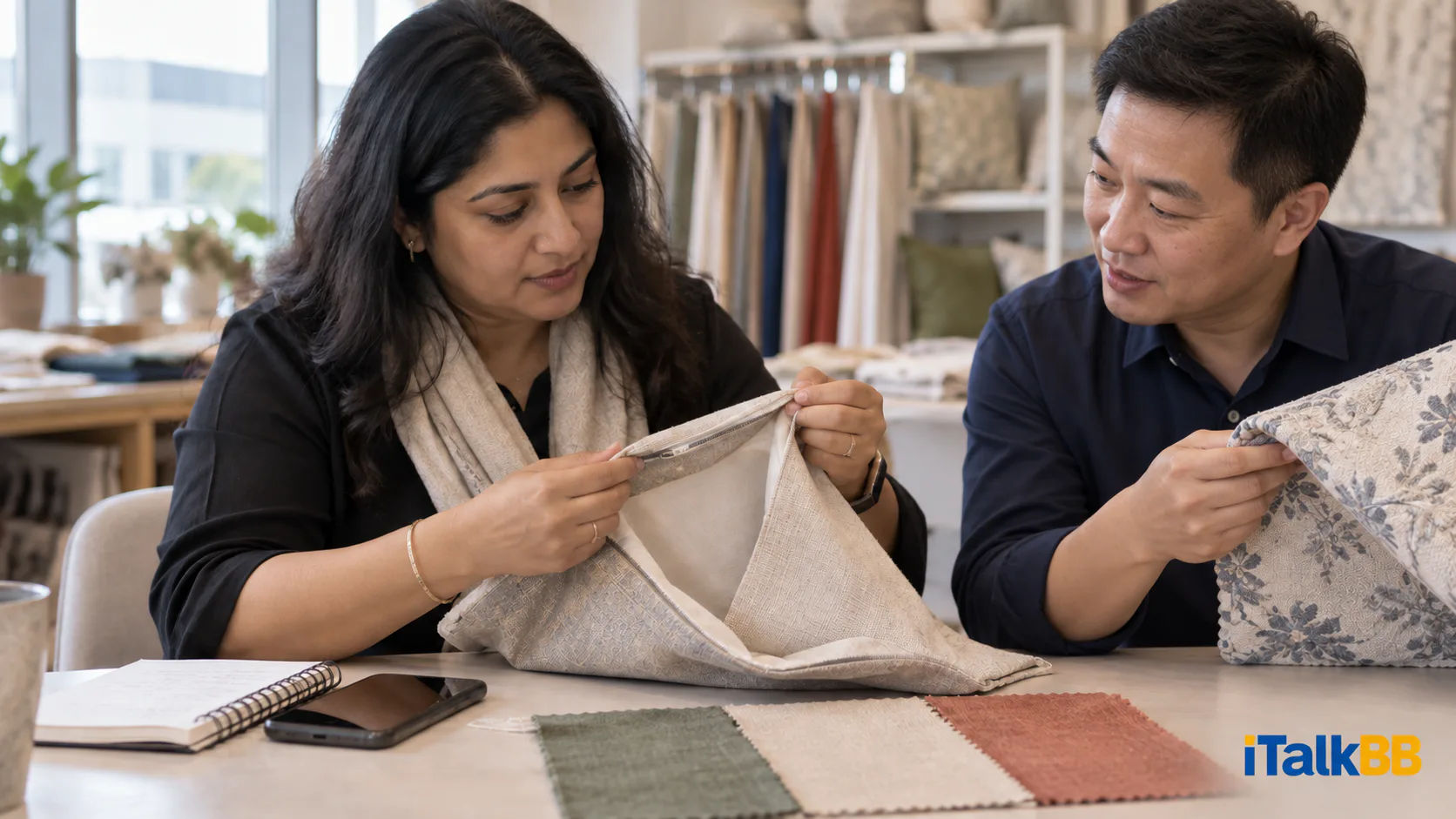 A buyer examines cushion-cover seams and fabric swatches at a supplier showroom.