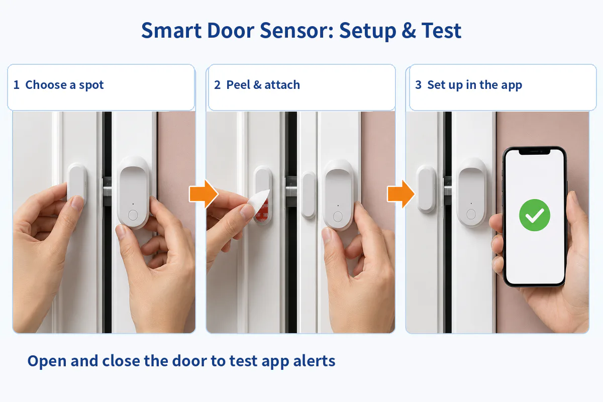 Three-step graphic shows attaching a smart door sensor and setting it up in an app.