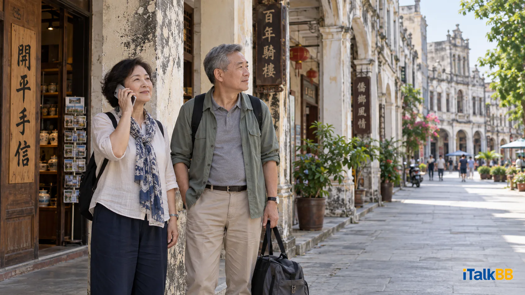夫婦帶着旅行袋在開平騎樓街邊接聽民宿電話。