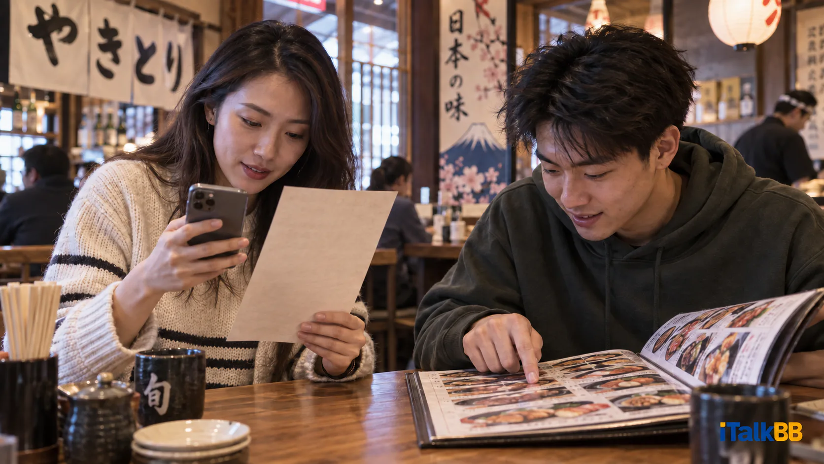 Emily and her younger brother Marcus use a phone to understand a Japanese menu