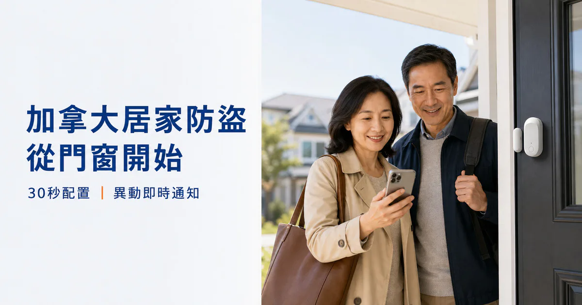 兩名成人站在住宅門口查看手機，門上裝有智能門磁，標示門窗異動即時通知。