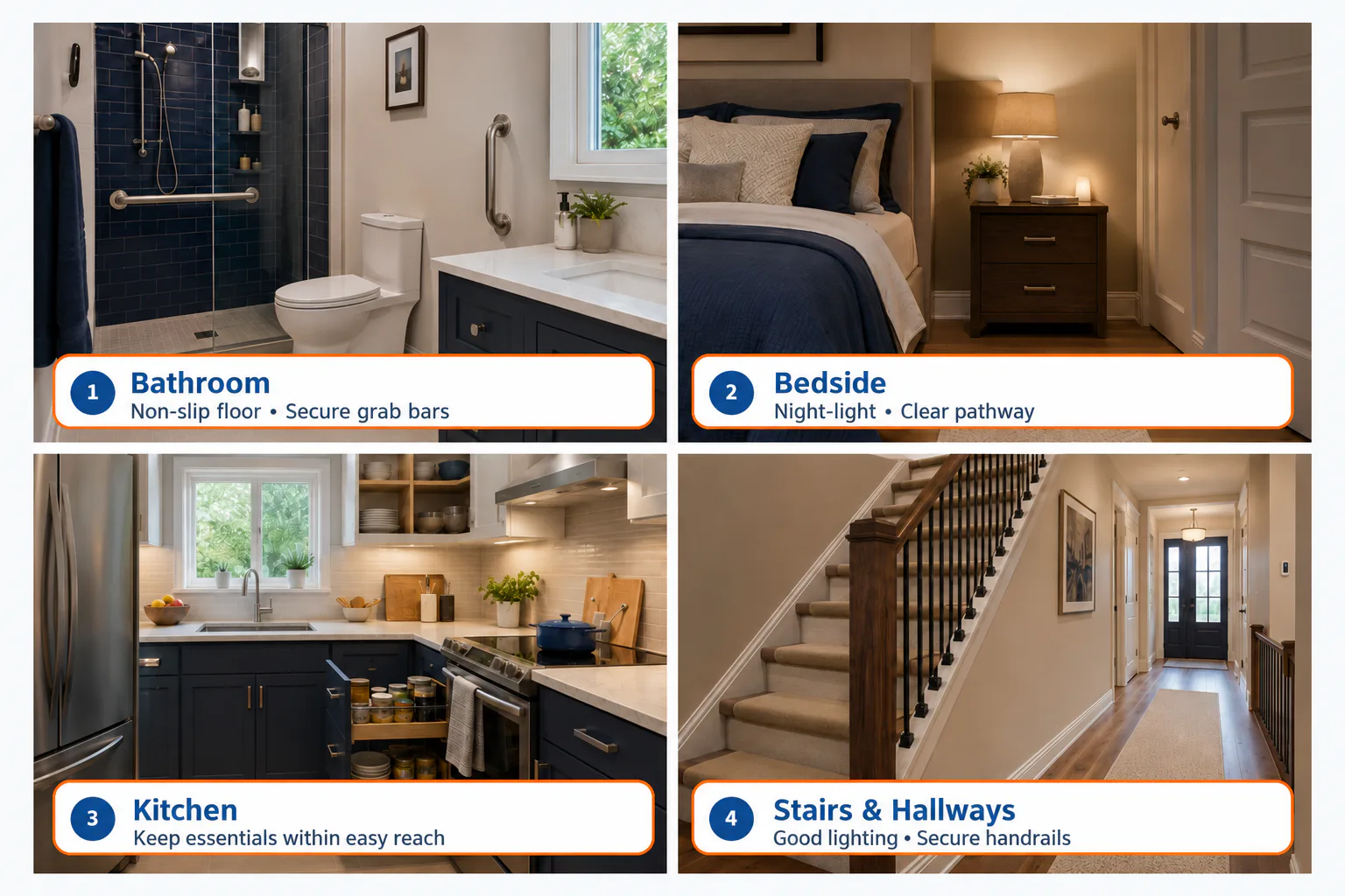 Home safety checklist highlighting bathroom grab bars, bedside lighting, accessible kitchen items, and secure stair handrails.