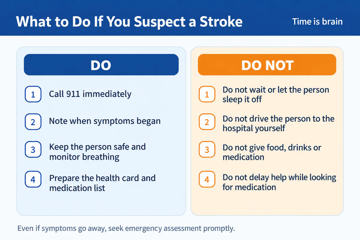 Poster advises calling 911 immediately for suspected stroke and avoiding delays, driving, food, drinks or medication.