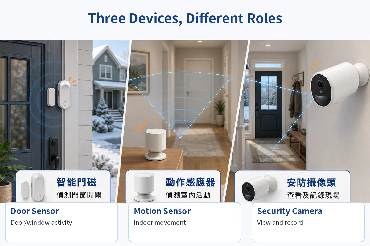 Door sensor, indoor motion sensor and security camera shown in three home settings.