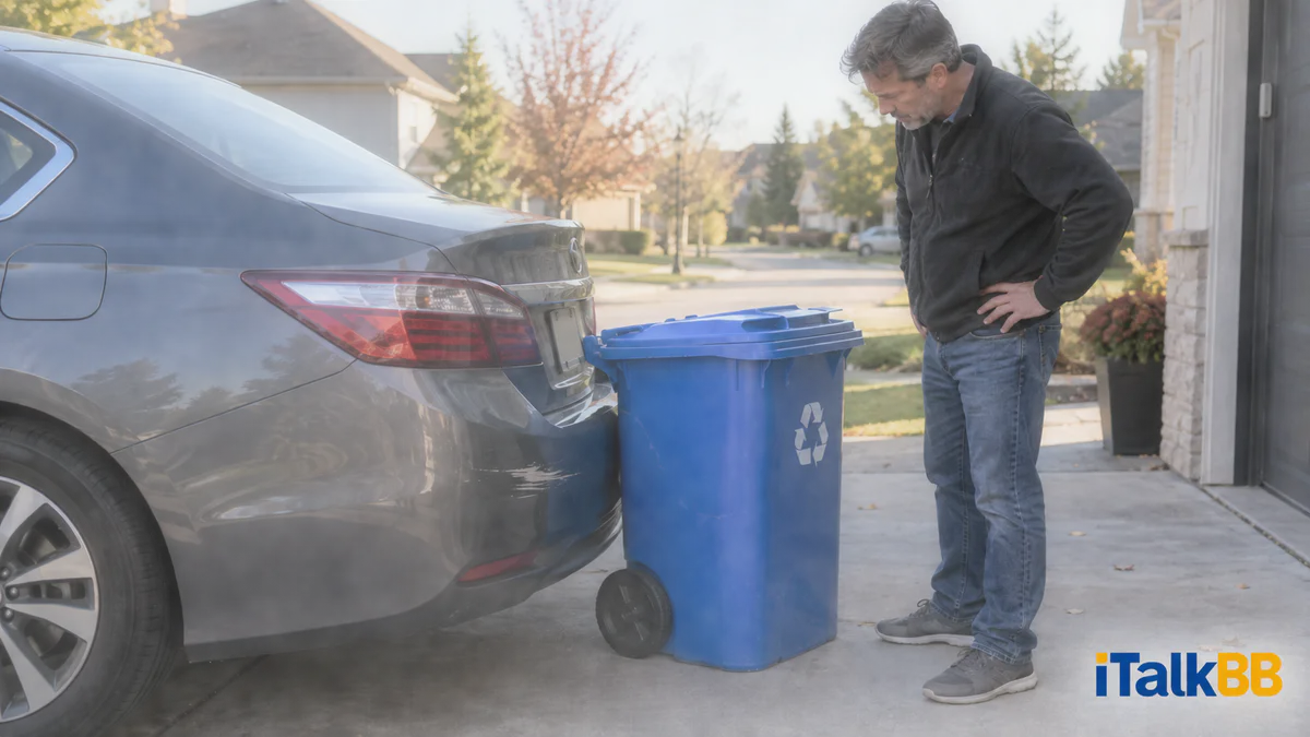 Daniel examines his car's scraped rear bumper where a recycling bin came to rest in his driveway.