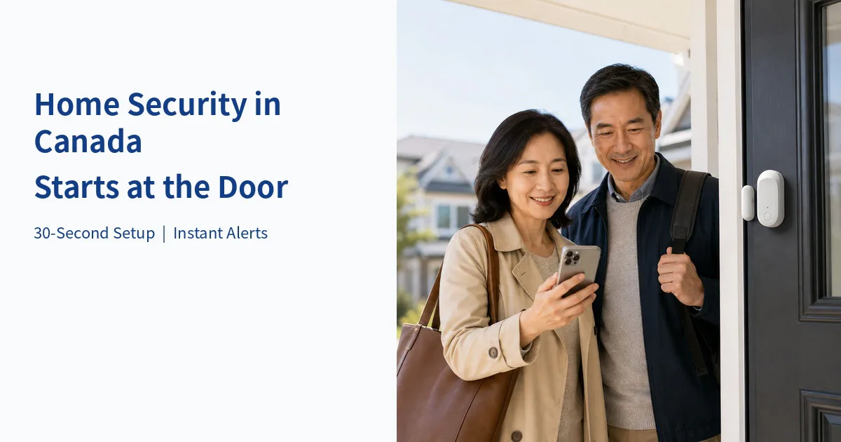 Couple viewing a phone at a front door fitted with a white smart door sensor.