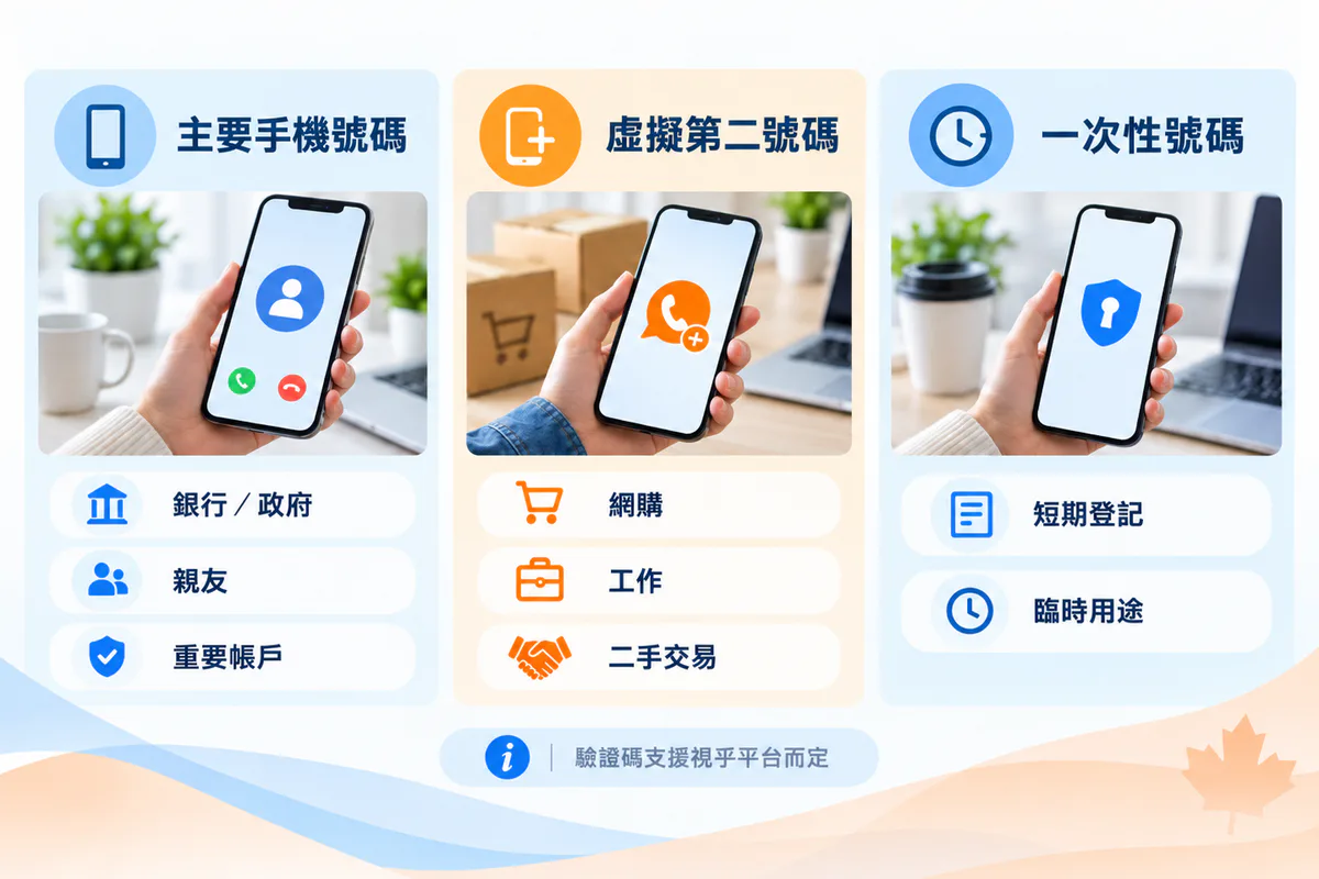主要手機、虛擬第二號碼與一次性號碼的用途比較