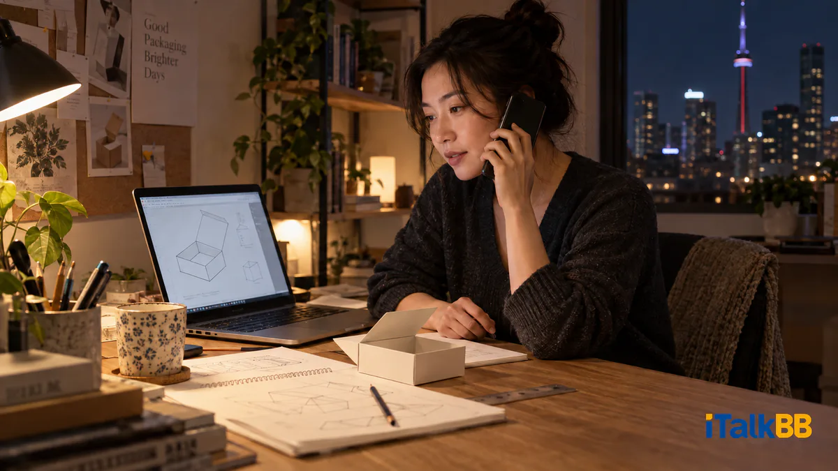 Female packaging designer on the phone at an evening desk with a box mock-up and a construction drawing on her laptop.