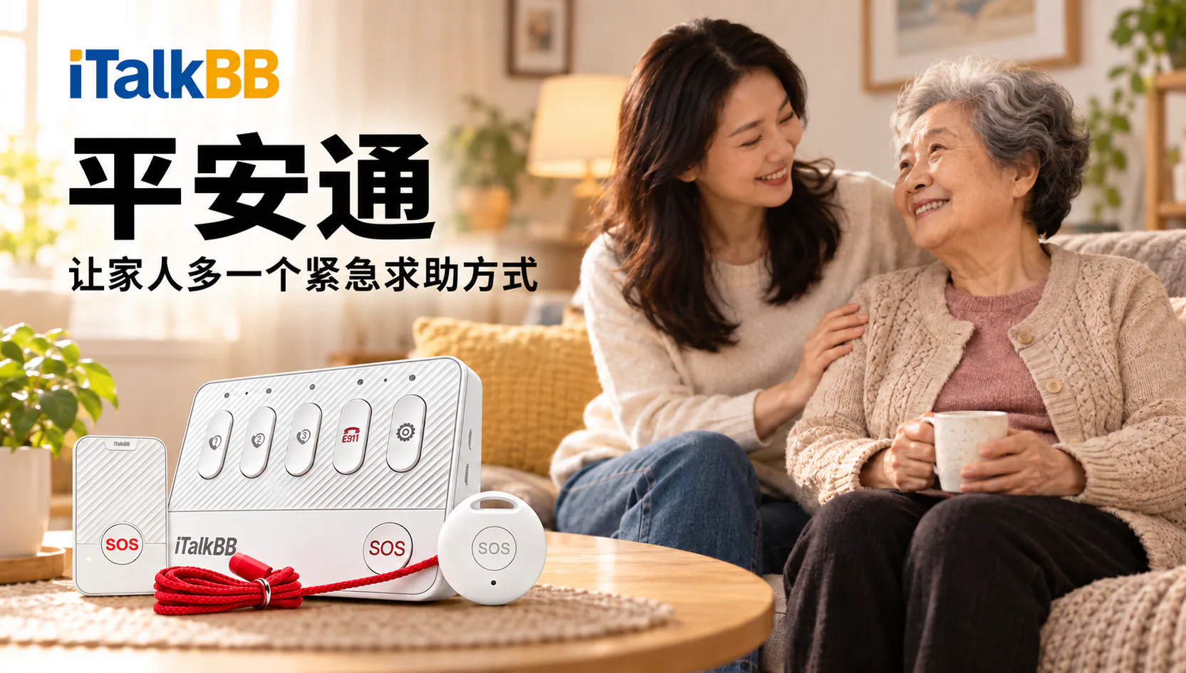 iTalkBB平安通海报:两名女子坐在客厅,桌上展示带SOS按钮的紧急求助设备