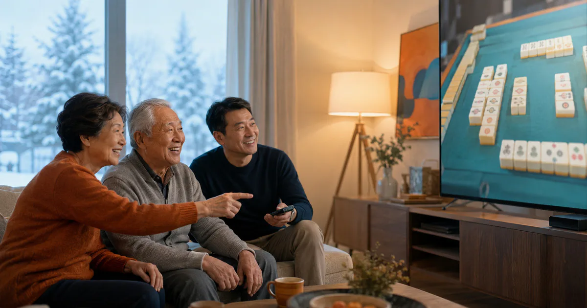 三人坐在客厅沙发上观看电视屏幕上的麻将游戏,窗外飘雪。