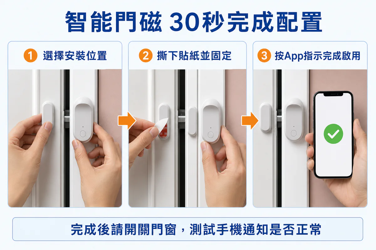 三步示範在門窗貼上智能門磁，並按App指示完成啟用。