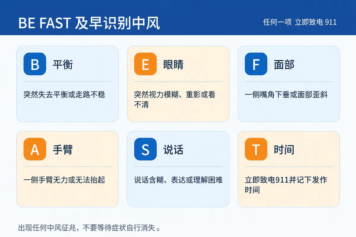 BE FAST中风识别海报,列出平衡、眼睛、面部、手臂、说话和时间征兆