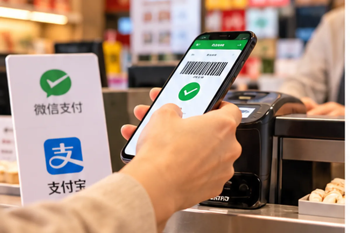旅客在收銀處以手機掃描付款，旁邊展示微信支付及支付寶標誌