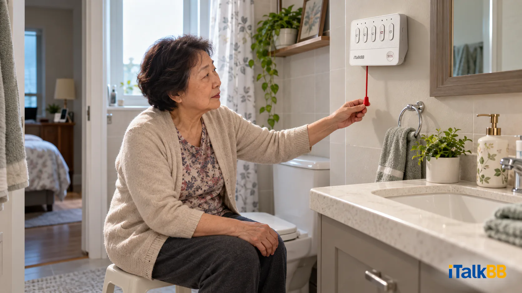 万锦家中，年长女性坐在浴室凳上，拉动平安通主机下方的红色求助拉绳。