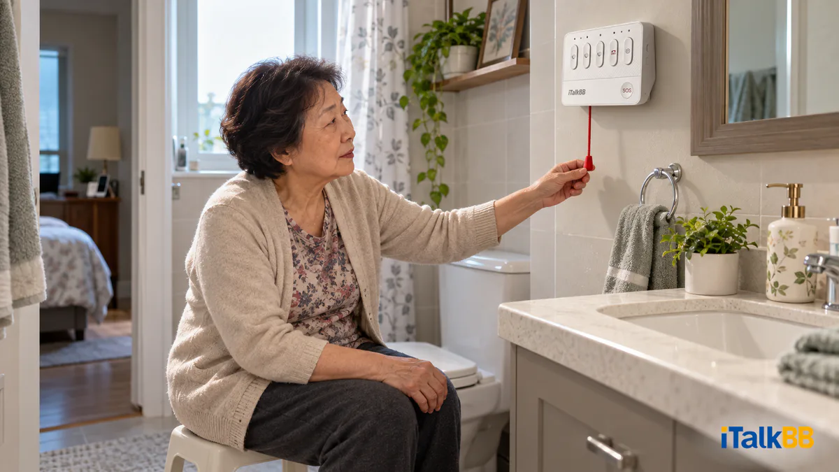 万锦家中，年长女性坐在浴室凳上，拉动平安通主机下方的红色求助拉绳。