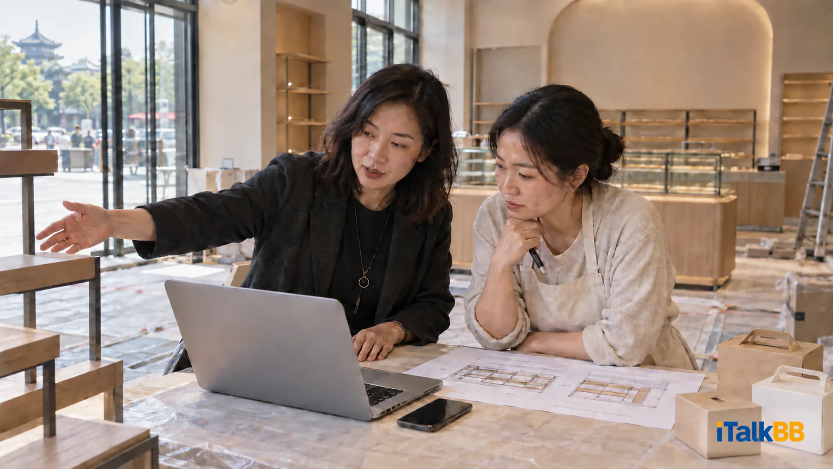 设计师与客户在烘焙店内用笔记本核对陈列方案。