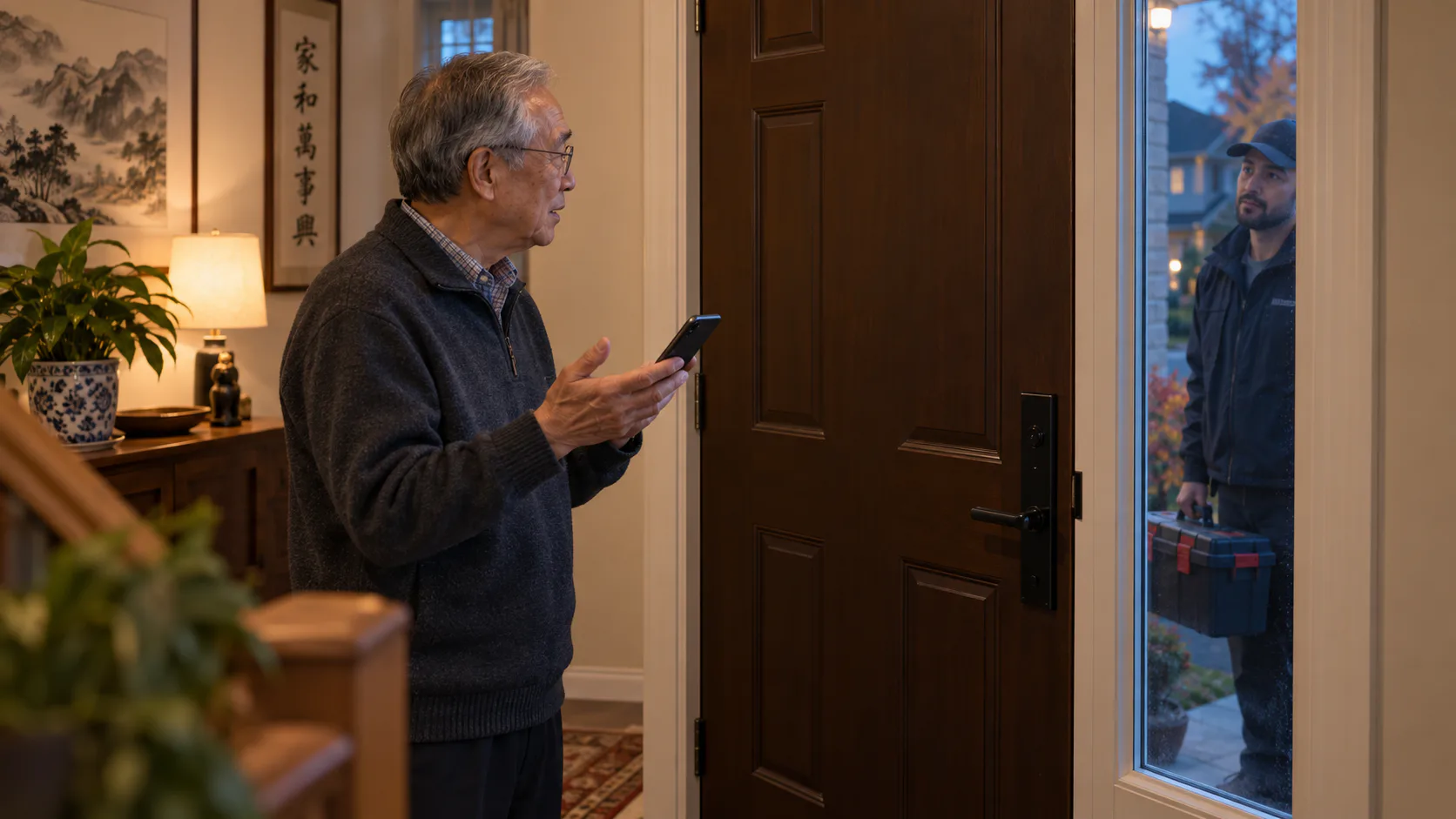 An older man checks his phone inside his closed front door while a repair worker waits outside with a toolbox.