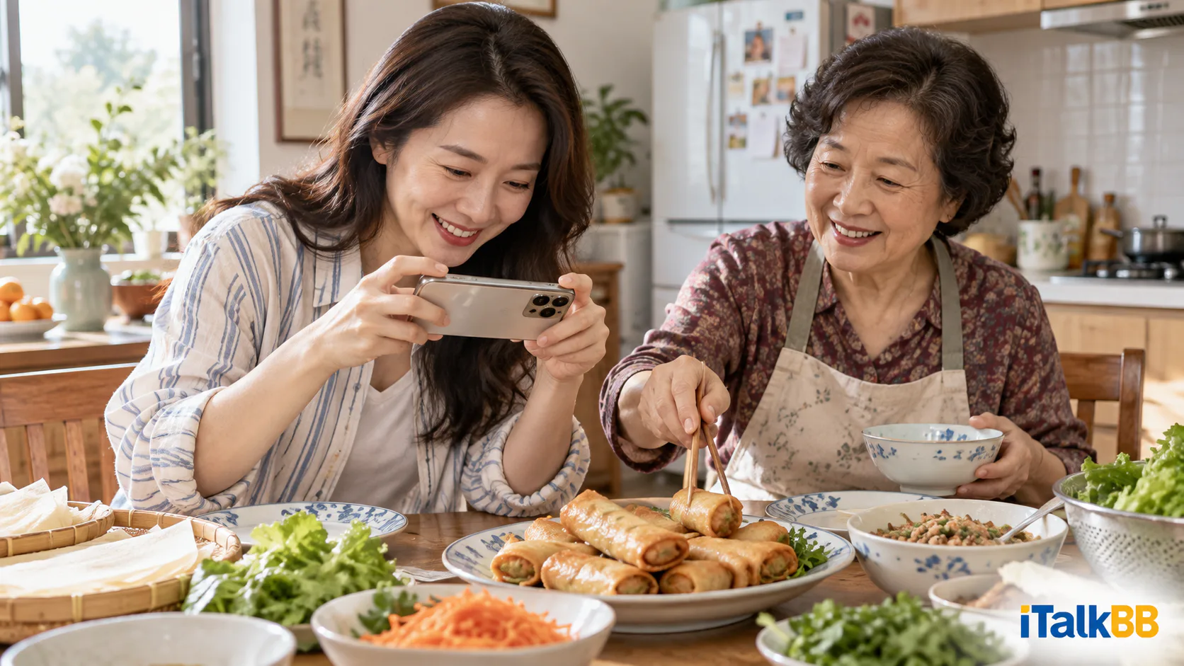 陈女士在杭州家中拍摄母亲刚做好的春卷