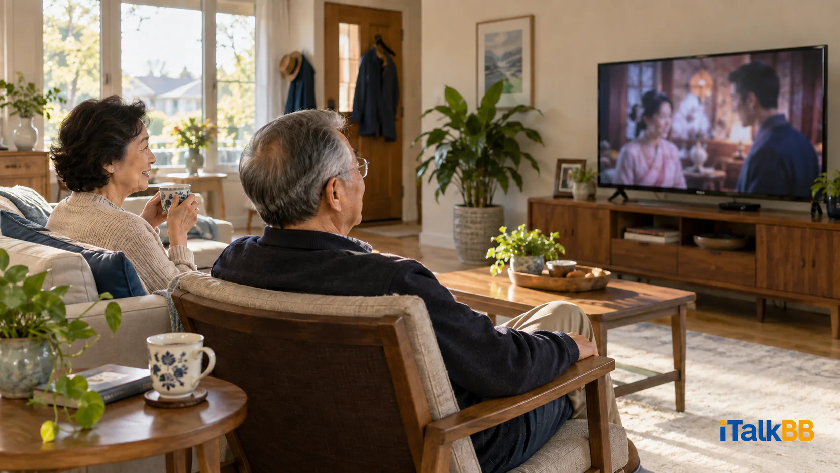Visiting parents enjoying daytime television in a sunny living room