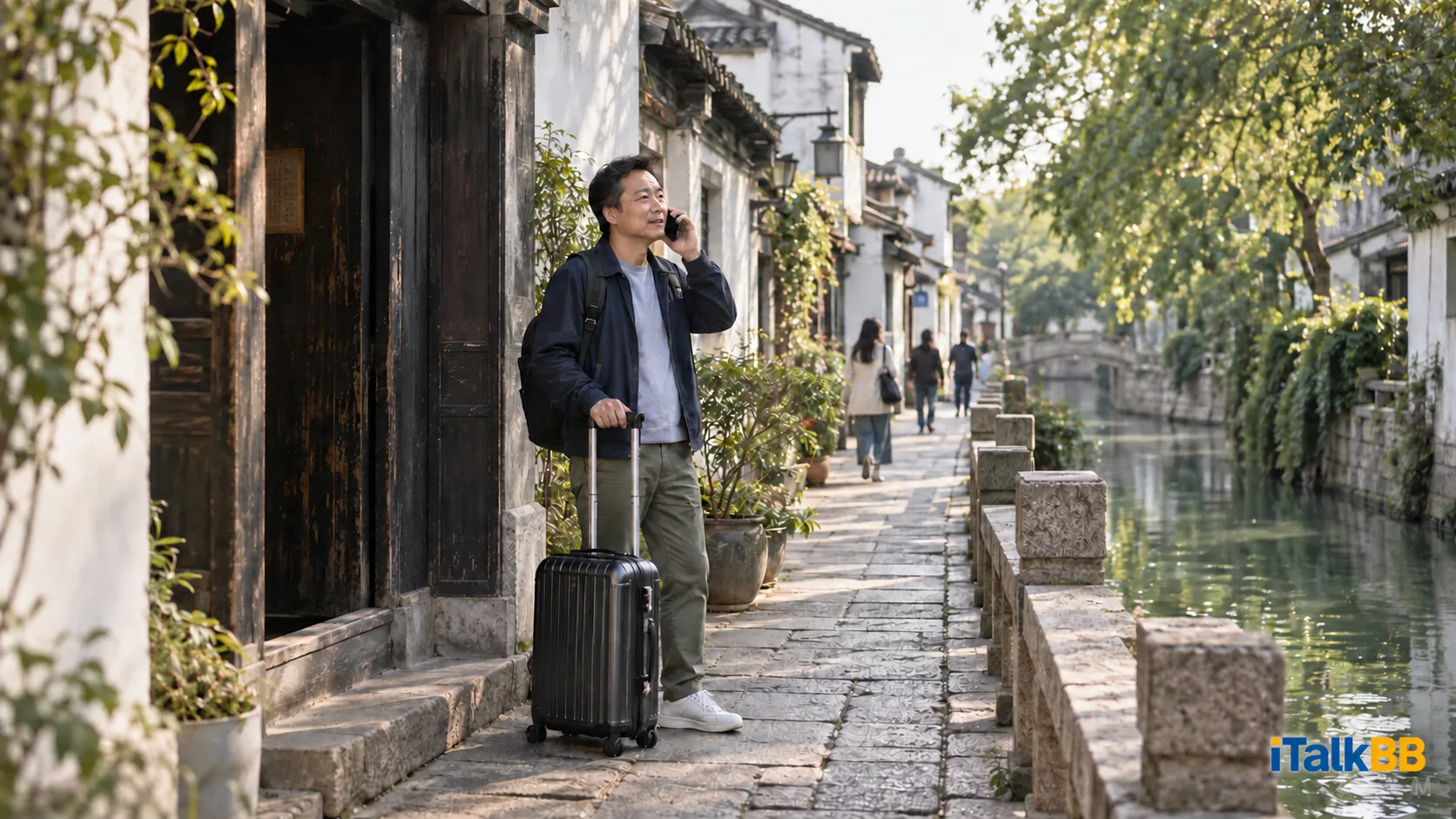 旅客带着行李在苏州河边接听住宿联络电话。