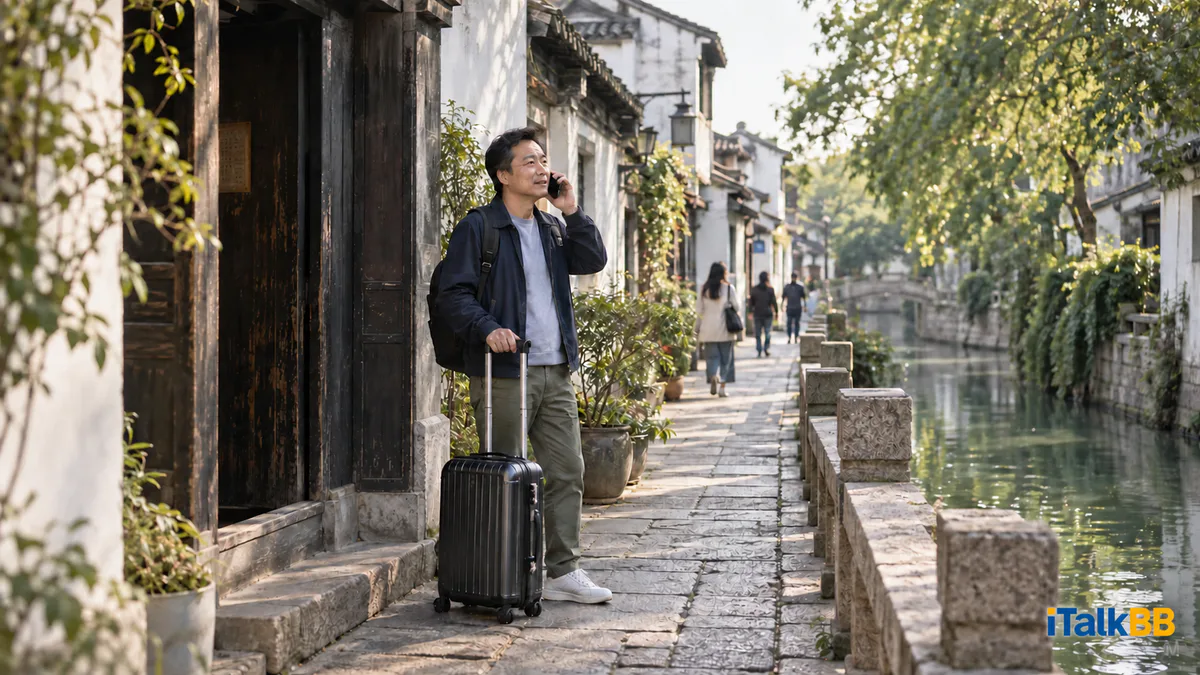 旅客带着行李在苏州河边接听住宿联络电话。