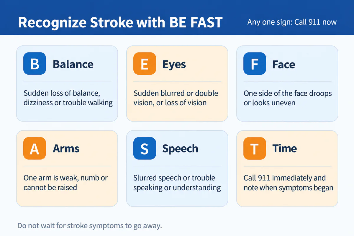 BE FAST poster lists balance, eyes, face, arms, speech and time as stroke warning signs.