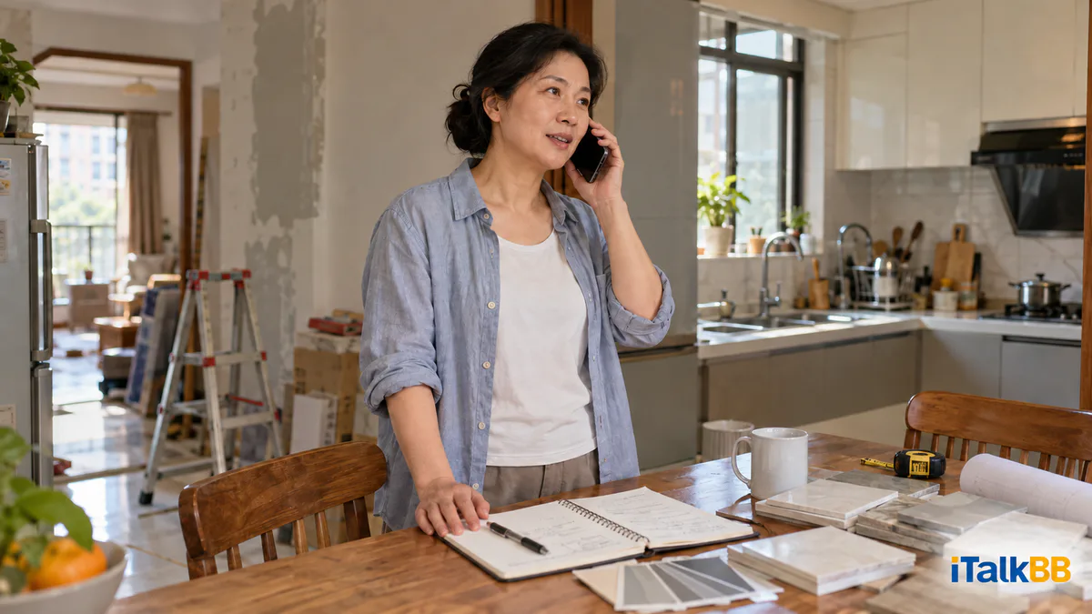 陈女士在家中接听维修联络电话，桌上放着装修样板和笔记。